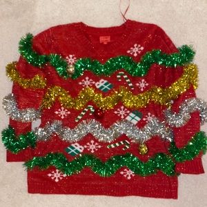 Tinsel Christmas sweater with ornaments